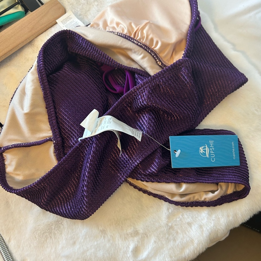 Shiny Purple Ribbed Halter Bikini Top and High Rise bottom M NWT - Picture 6 of 8